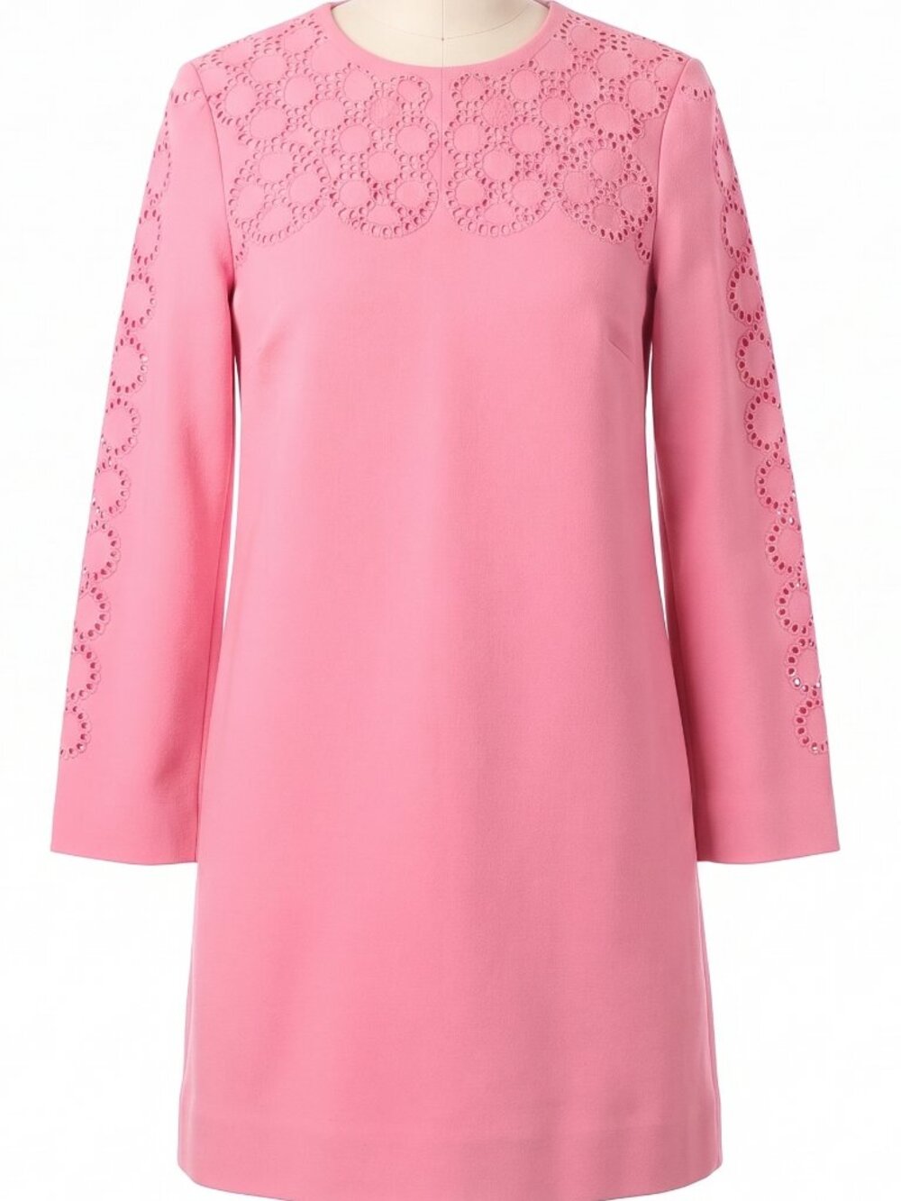 J.Crew Vibrant Pink Eyelet Laser-Cut Long Sleeve Shift Dress Size 6 Flawed